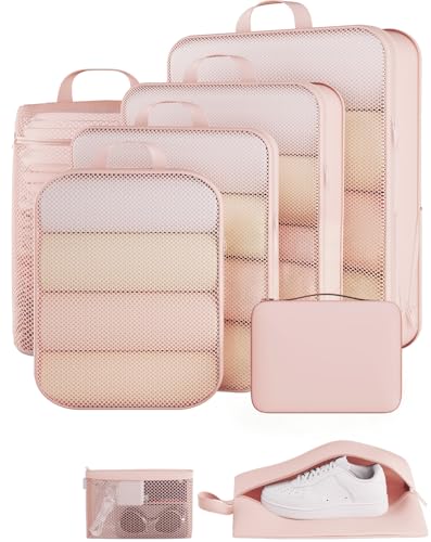 Veken 8 Set Compression Packing Cubes for Travel Essentials,Compressible Expandable Large Luggage Suitcase Organizer Bags for Clothing,Durable Space Saver Storage Bags with Makeup Bag(Beige) - color: Beige, size: 8 set