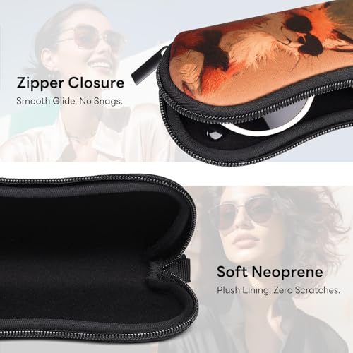 Sunglasses Case with Belt Clip, Ultra Light Neoprene Zipper Soft Padded Glasses Case for Women Men - color: Fun Fox