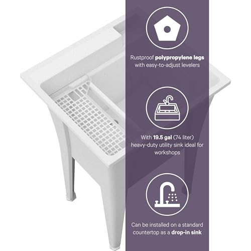Freestanding Utility Sink with Two Handle Chrome Faucet - 24" Plastic Utility Sink for Garage, Laundry, Indoor and Oudoor Use - Laundry Tub Kit by Noah William Home - White (19.5 gal) - color: White - Two handle chrome faucet