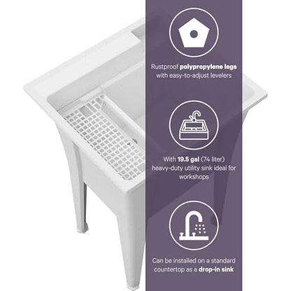 Freestanding Utility Sink with Two Handle Chrome Faucet - 24" Plastic Utility Sink for Garage, Laundry, Indoor and Oudoor Use - Laundry Tub Kit by Noah William Home - White (19.5 gal) - color: White - Two handle chrome faucet