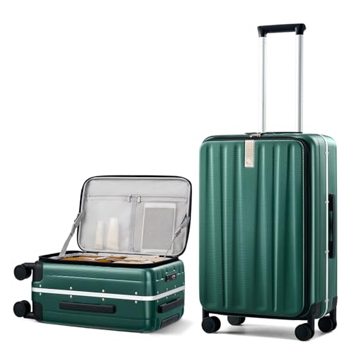 Hanke 24 Inch Checked Luggage Front Opening Rolling Suitcase Hard Sided Luggage with Spinner Wheels Travel Luggagefor Woman Men.(Dark Green) - color: Dark Green, size: 24 Inch