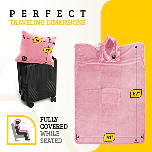 Travel Blanket Airplane Compact with Hoodie – 2in1 Airplane Travel Accessories from Plane Blanket to Travel Pillow with Luggage Strap, Soft Handle & Secure Pocket (Light Pink, 62x41'') - color: Light Pink, size: 62x41''