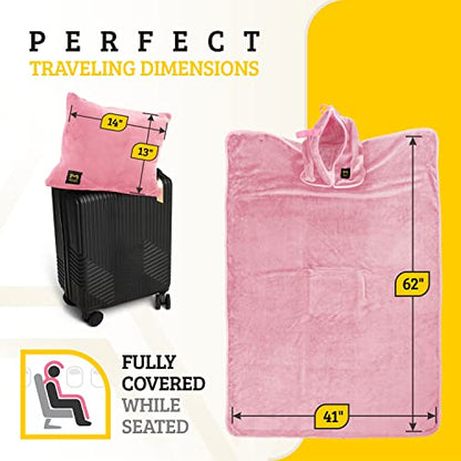 Travel Blanket Airplane Compact with Hoodie – 2in1 Airplane Travel Accessories from Plane Blanket to Travel Pillow with Luggage Strap, Soft Handle & Secure Pocket (Light Pink, 62x41'') - color: Light Pink, size: 62x41''