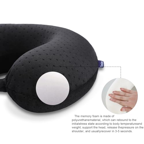 Black Travel Neck Pillow Memory Foam Airplane Pillow for Neck and Head Support Soft Portable U Shape Neck Pillow for Plane, Car & Home Office Use - color: Black