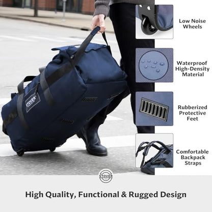 STOVER 45/80/100L Rolling Duffel Bag with Wheels, Large Durable Travel Duffle + Toiletry Bag, Heavy Duty, Packable, Foldable with Shoulder Straps- Use as Luggage or Backpack, Men/Women (Blue) - color: Blue
