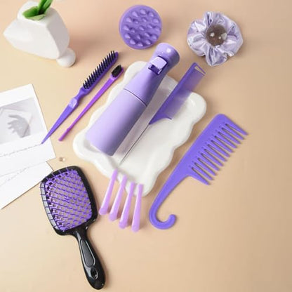 12 Pcs Hair Brush Set with Continuous Hair Spray Bottle for Women, Rat Tail Combs for Toddlers, Soft Scalp Massager, Detangling Hairbrush for Wet Dry Curly Hair (purple) - color: Purple