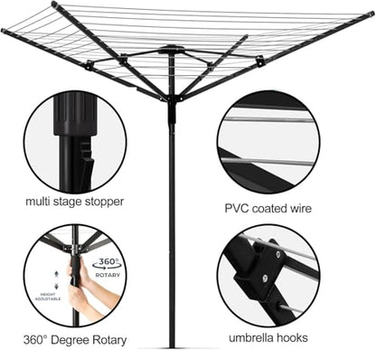 Heavy Duty Outdoor Umbrella Drying Rack, 12 Lines with 165 Feet Drying Space, Steel Frame & Adjustable Height, 4-arm Umbrella Clothesline for Laundry, Collapsible Clothes Drying Rack for Backyard