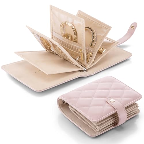 VLANDO Travel Jewelry Organizer Case,Travel Gifts for Women,Portable Jewelry Storage Book Ring Binder with Clear Zipper Velvet Jewelry Pouch Bag-Pink - color: 12.Small-Pink