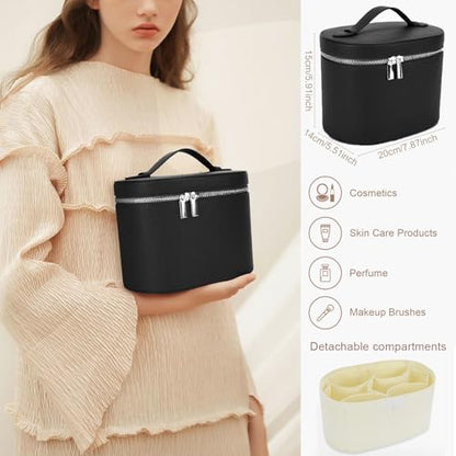 Leather Make Up Bags With Compartments, Black travel Cosmetic Bags for Women, Parallel Makeup Travel Bags Organizer Equipped With a Detachable Divider - color: Black