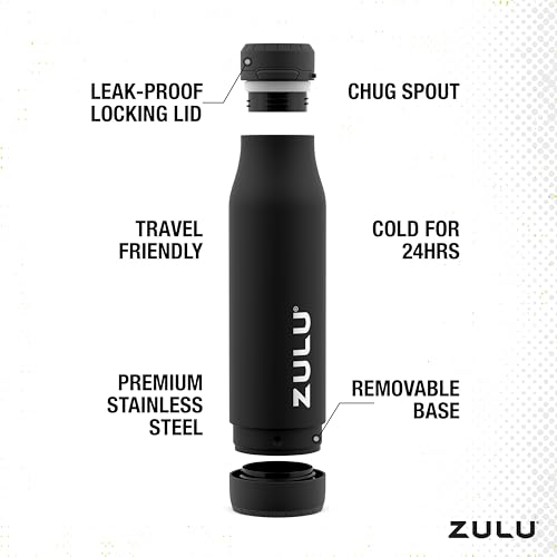 Zulu Ace 24oz Vacuum Insulated Stainless Steel Water Bottle with Chug Spout | Leak-Proof Locking Lid and Removable Base |Reusable Bottle for Cycling Sports Gym Travel Bicycle Bottle Cage | Black - color: Black