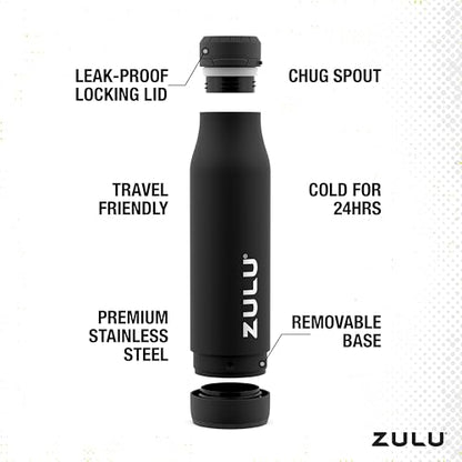 Zulu Ace 24oz Vacuum Insulated Stainless Steel Water Bottle with Chug Spout | Leak-Proof Locking Lid and Removable Base |Reusable Bottle for Cycling Sports Gym Travel Bicycle Bottle Cage | Black - color: Black
