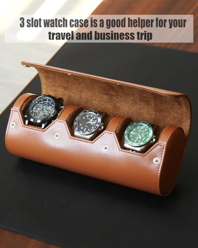 watch box organizer for mens watch case travel roll Portable 3 Watch Display Storage with Velvet Sections to Holder Large Watch (Light Brown) - color: Light Brown