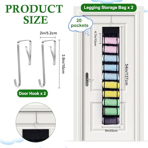 2 Pack Legging Storage Organizer, Hanging Legging Storage Hanger with 20 Roll Compartments, Foldable Clothes Roll Holder for Yoga T-Shirts Pants Jeans Towels