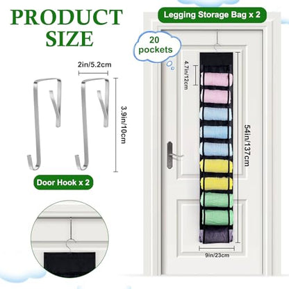 2 Pack Legging Storage Organizer, Hanging Legging Storage Hanger with 20 Roll Compartments, Foldable Clothes Roll Holder for Yoga T-Shirts Pants Jeans Towels