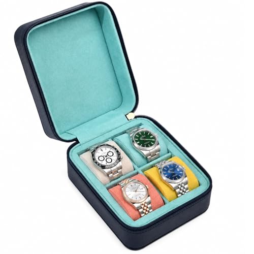 Leather Watch Roll for 4 Watches - Velvet-Lined Travel Case, Luxury Watch Rolls Organizer with Storage & Display for Men (4 Slot-Pool Party Blue) - color: 4 Slot-Pool Party Blue