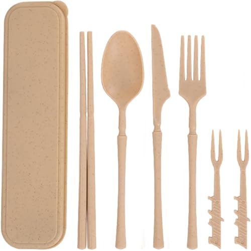 Reusable Travel Utensils Set with Case, Wheat Straw Portable Plastic Fork Spoon Knife Chopsticks Camping Cutlery, Eco-Friendly BPA Free Tableware Picnic Flatware for Kids Adults or Daily Use (Beige) - color: Beige