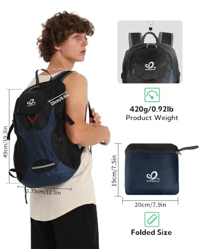 WATERFLY Lightweight Packable Hiking Backpack: 30L Foldable Travel Daypack Ultralight Camping Day Pack for Woman Man - color: Blue & Black