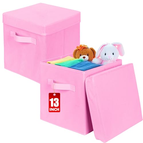 ShellKingdom Storage Bins, Foldable Fabric Storage Cubes with Lid, Clothes Storage Organizer Drawer For Closet Toys Storage, 13 X 13 X 13 INCH, 2 Pack (Pink) - color: Pink, size: 13 inch (2 Pack)