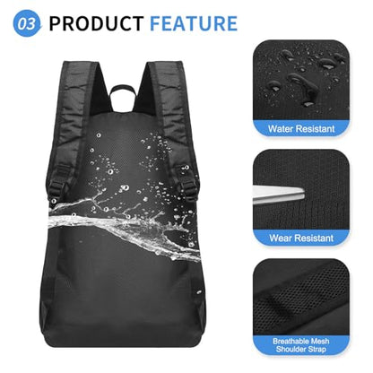 Hiking Daypack Packable, Camping Backpack Water Resistant Lightweight Polyester for Men Women Travel Outdoor - color: Black
