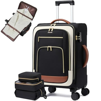 LOVEVOOK Carry on Luggage Airline Approved with Garment Bag & Spinner Wheels, 26.5 Inch Large Rolling Suitcase with TSA Lock, Softside Lightweight Underseat Carryon Luggage for Women Travel, 3Pcs - color: Black-beige-brown, size: 26.5 inch （4pcs set）
