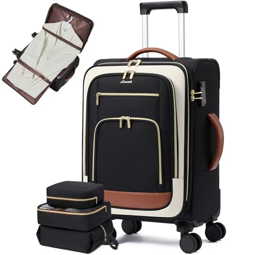 LOVEVOOK Carry on Luggage Airline Approved with Garment Bag & Spinner Wheels, 26.5 Inch Large Rolling Suitcase with TSA Lock, Softside Lightweight Underseat Carryon Luggage for Women Travel, 3Pcs - color: Black-beige-brown, size: 26.5 inch （4pcs set）