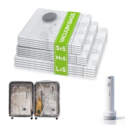 15 Pack Rechargeable Vacuum Seal Bags for Clothing with Electric Pump, Travel Vacuum Bags for Luggage, Space Saver Vacuum Storage Bags, Airtight Compression Bags in 3 Sizes - size: 15 Pack