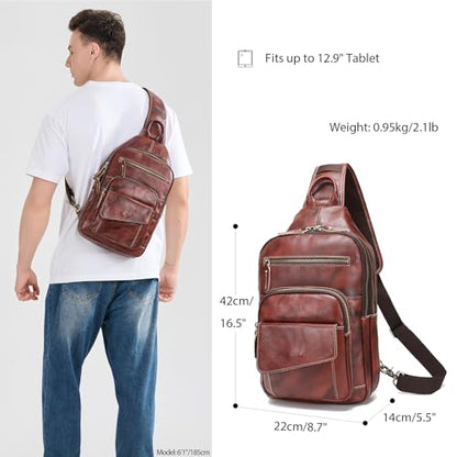 LANNSYNE Full Grain Leather Casual Sling Bag For Men Hiking/Travel/Business Crossbody Chest Bag Fits 12.9" iPad - color: Coffee for 12.9 Ipad