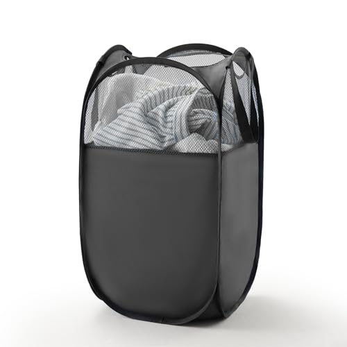 TECHMILLY Pop Up Foldable Laundry Basket, Mesh Laundry Hamper with Reinforced Handles for Dirty Clothes Storage in Dorm, Laundry Room, Bathroom, Black(Fabric) - color: Black(fabric), size: 1 Pack