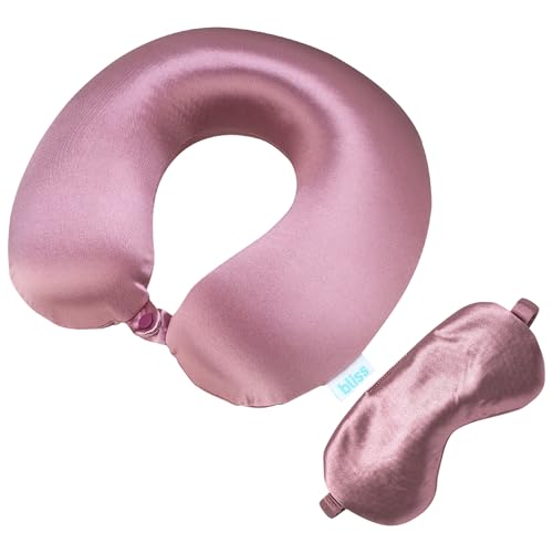 Bliss Neck Pillow Set - Lightweight U-Shaped Memory Foam Satin Travel Neck Pillow with Snap Closure and Matching Eye Mask for Airplane, Car, Office, and Camping, Size One Size, Mauve - color: Mauve