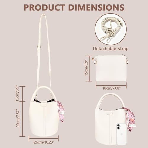 Vegan Leather Bucket Bag for Women Crossbody Bucket Purse with Removable Fashion Bucket Handbag - color: Beige