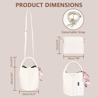 Vegan Leather Bucket Bag for Women Crossbody Bucket Purse with Removable Fashion Bucket Handbag - color: Beige