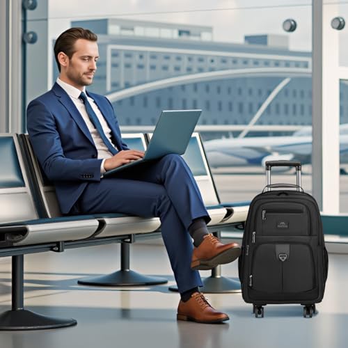 MATEIN Rolling Backpack with 4 Wheels, 17 inch Water Resisatnt Roller Spinner Backpack for Men, Large Busines Travel Wheeled Bag, Airline Approved Carry on Luggage Suitcase Bag, Black - color: Black, size: 17 inch