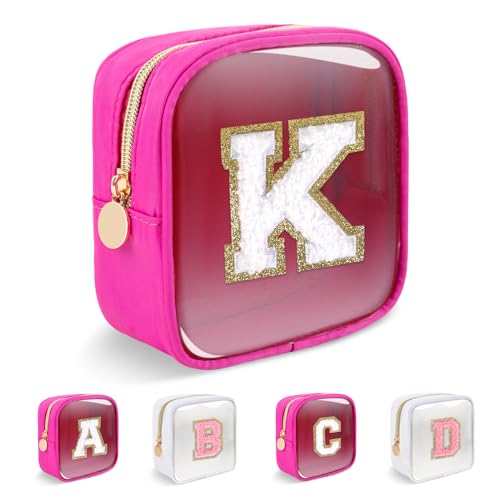 Personalized Initial Letter Clear Preppy Makeup Bag,Mini Nylon Chenille Letter Cosmetic Bag Cute Zipper Pouch Coin Purse for Teen Girls,Portable TSA Approved Travel Essentials Bag Gift for Women,K - color: Mini-Hot Pink, size: K