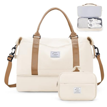 Weekender Bags for Women,Personal Item Travel Bag with Shoes Compartment,Overnight Travel Duffel Bag with Toiletry Bag,Medium - color: Beige & Brown, size: Medium