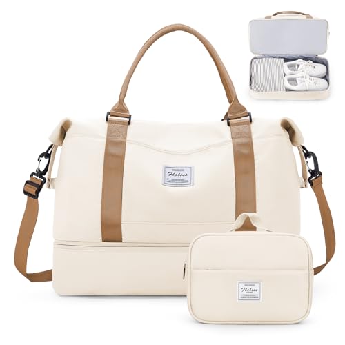 Weekender Bags for Women,Personal Item Travel Bag with Shoes Compartment,Overnight Travel Duffel Bag with Toiletry Bag,Medium - color: Beige & Brown, size: Medium