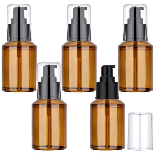 Segbeauty 2oz Refillable Glass Travel Size Empty Bottles, 5pcs Amber Lotion Pump Bottles Empty, 60ml Mini Travel Lotion Container, Small Cosmetic Container Bottle Pump Dispener for Creams Oils Liquids - color: Amber, style: 5pcs 2oz