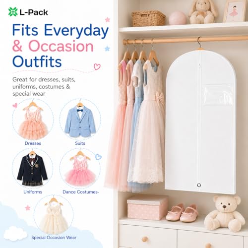 Kids Garment Bag for Hanging Clothes, Travel Garment Bag for Dresses, Dance Costumes & Suits, Breathable Clothes Cover for Baby Toddler Child, White, 30" x 18" - color: White