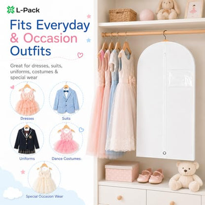 Kids Garment Bag for Hanging Clothes, Travel Garment Bag for Dresses, Dance Costumes & Suits, Breathable Clothes Cover for Baby Toddler Child, White, 30" x 18" - color: White