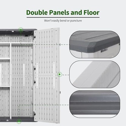 Macrout 50 Cu.Ft Plastic Outdoor Storage Cabinet with Shelves, 4.3 x 2.5 ft Waterproof Resin Outdoor Storage Shed with Floor, Lockable Vertical Shed for Garden and Patio - size: Medium