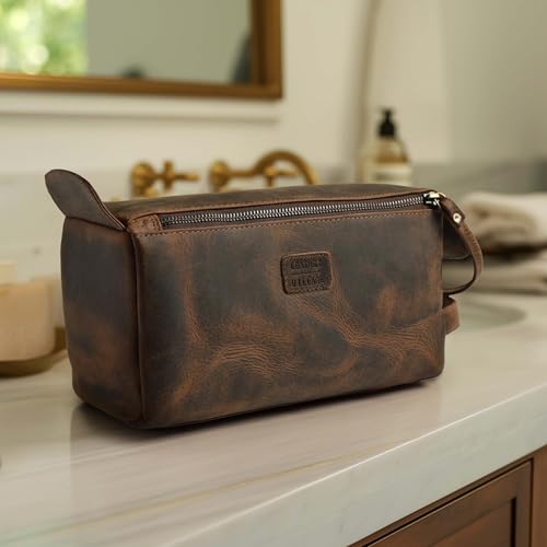 LEATHER VILLAGE Genuine Leather Travel Toiletry Bag - Water-Resistant Dopp Kit for Toiletries, Large Shaving Bag & Bathroom Organizer - Gift for Men & Women - Rustic Brown - color: Rustic Brown