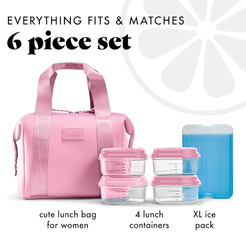 Fit & Fresh Remi Lunch Bag for Women Work – Neoprene Lunch Tote with Containers & Ice Pack, Reusable Meal Prep Lunch Box, Large Capacity, Machine Washable, Pink - color: Pink