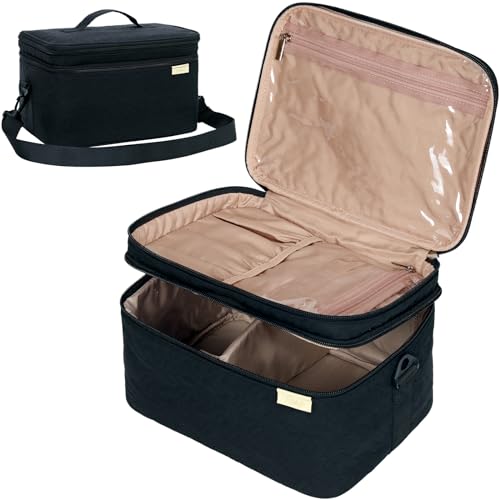 NISHEL Extra Large Double Layer Travel Makeup Bag Women, Cosmetic Organizer Case, Essentials Accessories with Shoulder Strap for Bottles, Brushes, Conditioner, Skin Care Products, Black - color: Black, size: Extra Large