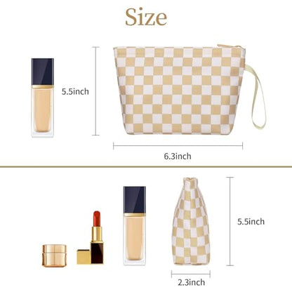 Ethereal Small Makeup Bag, Checked Travel Makeup Bag with Makeup Brush Holder, Cosmetic Bag Black Make up Pouch for Women/Girls - color: 06-khaki mini