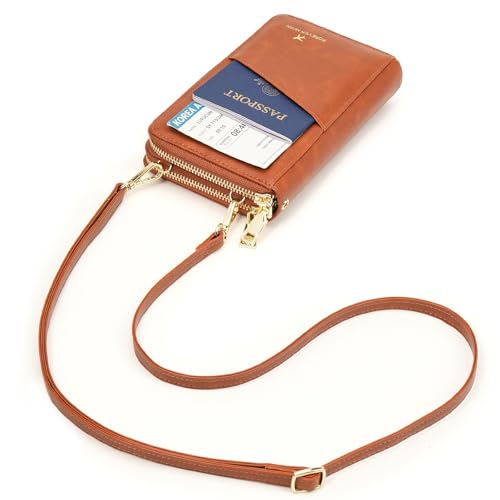 GOIACII Passport Wallet Travel Crossbody Bags for Women Wristlet Phone Purse Double Zip Vegan Leather Brown - color: A01 Brown