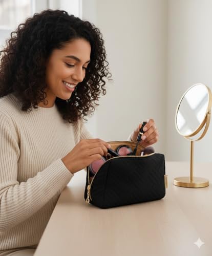 BAGSMART Small Makeup Bag, Compact Cosmetic Pouch for Women for Purse, Travel Toiletry Organizer with Wide Open Design, Black - color: 01-Black