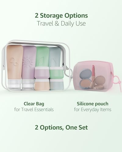 23-Piece All-in-One Silicone Travel Bottles Set – TSA Approved Leakproof Toiletry Kit with Double Bags, Flat Easy-Squeeze Bottles with Tactile Icons, Cream Jars, Pump & Spray, Cleaning Brush - color: 23C-Green, size: 23