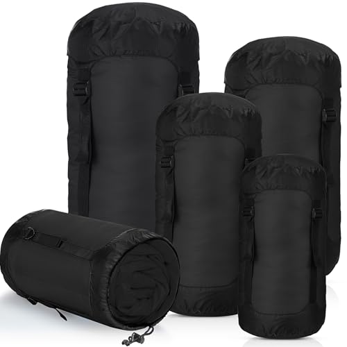5 Pcs Compression Sacks for Backpacking 5L/10L/15L/20L/35L Camping Sleeping Bag Stuff Sack Water Resistant Sleeping Bag Storage Sack for Space Saving Hiking Gear - color: Black