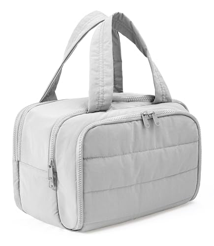 Travel Toiletry Bag for Women, Large Wide-open Puffy Cosmetic Makeup Bag with Wet-Dry Separation, Multi-Pocket Organizer with Carry Handle for Toiletries, Cosmetics, Essentials, Light Grey - color: Light Grey
