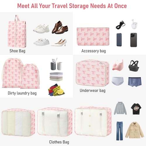 8 Set Packing Cubes for Travel Suitcase Organizer Bags Luggage Packing Cubes Set Travel Essentials Accessories Gifts for Women - color: Pink Bow
