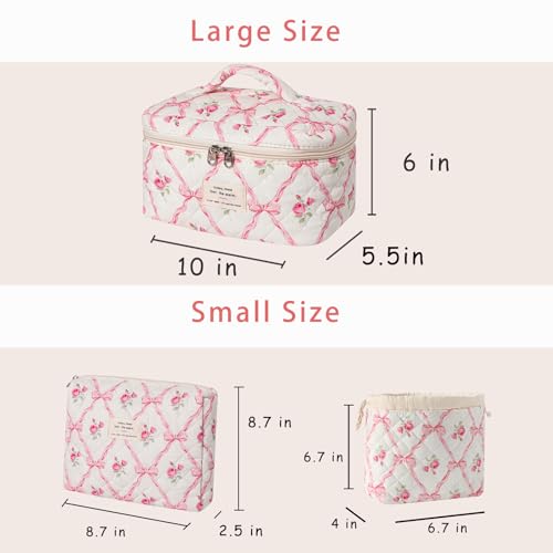 3pcs Large Cotton Quilted Makeup Bag Set,Coquette Aesthetic Cute Travel Toiletry Bag,Drawstring Gift Bag for Women and Girls(3Pcs Pink Bow) - color: 3Pcs Pink Bow